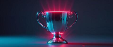 The winner's cup with bright neon illumination on a dark background photo