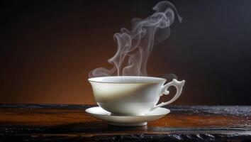 Steaming Tea Cup on Tabletop with Gentle Warm Light and Dark Backdrop. photo