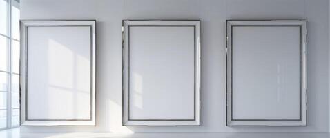 Three large blank white picture frames hang symmetrically on the wall in an art gallery. photo