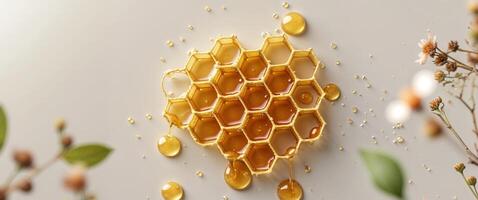 Sweet golden honeycomb with dripping honey and nature's touch photo
