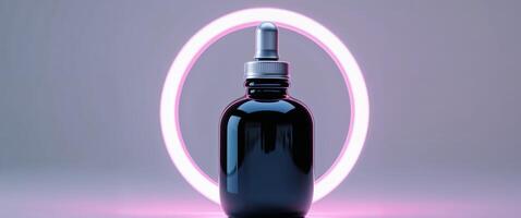 Glossy Black Bottle with Dropper Surrounded by Neon Ring Light photo
