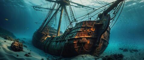 A Sunken Ship Sits At The Bottom Of The Deep Ocean photo