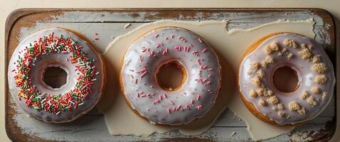 Three delicious donuts arranged neatly on a rustic wooden board highlighting their irresistible charm and texture. photo