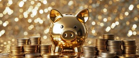 Golden piggy bank with coins on a glittery background photo
