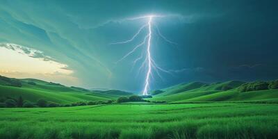 Lightning bolt striking a green field photo