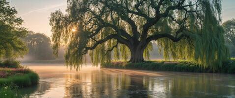 A willow tree is standing in the middle of a river photo