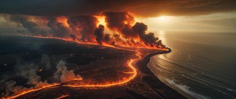 A large fire is burning on the coast photo