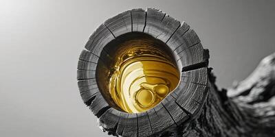 A close up of a yellow object in a tree trunk photo