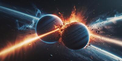 Two planets colliding creating fire and destruction in space photo