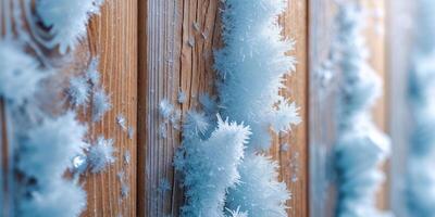Frost Covered Wooden Layers Close Up View. photo