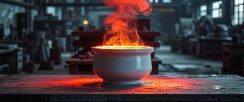 Glowing red hot white ceramic crucible in industrial workshop setting captured from front view conceptual art photo