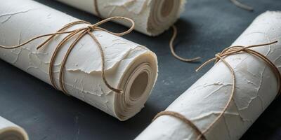 Four Rolled Aged Papers Tied with String on Dark Background. photo