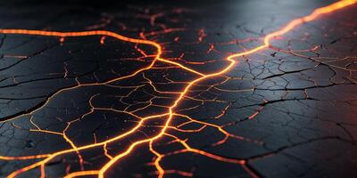 Abstract Cracked Surface Texture With Glowing Orange Lines and Dark Background. photo