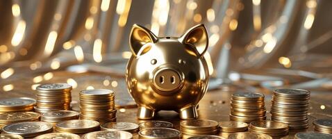Golden piggy bank with coins on a shiny background photo