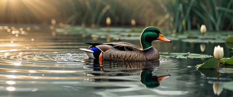 A duck swimming in a pond with lily pads photo