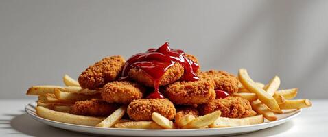 A plate of chicken nuggets and french fries with ketchup photo