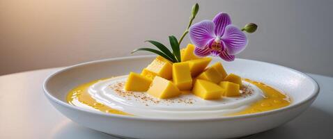 A bowl of yogurt with a mango on top photo