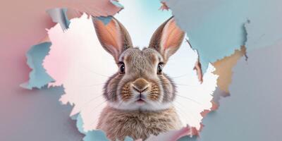A rabbit is peeking out of a hole in a paper photo