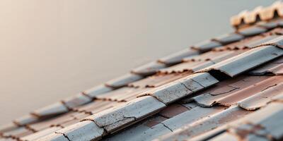 section of weathered rooftop tiles with minor damages and wear background photo