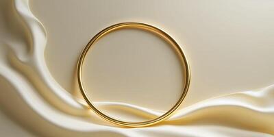 A golden circular frame resting on a soft cream surface. photo
