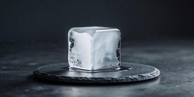 Melting Ice Cube On A Slate Coaster On A Dark Background High Quality. photo
