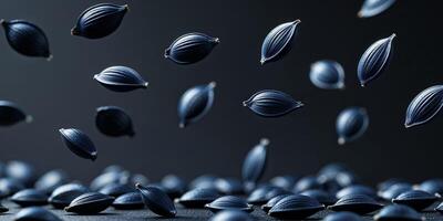Dark Blue Sunflower Seeds Floating on Black Background photo