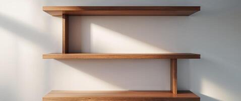 A wooden shelf with a white wall behind it photo
