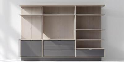 Modern Wooden Shelving Unit with Dark Gray Doors and Drawer Fronts photo