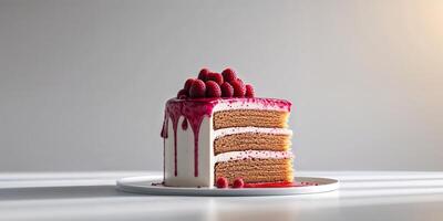 Delicious Layered Cake Slice with Raspberry Glaze and Fresh Berries photo