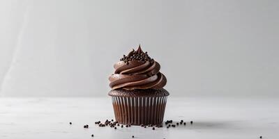 A chocolate cupcake with chocolate frosting and chocolate sprinkles photo