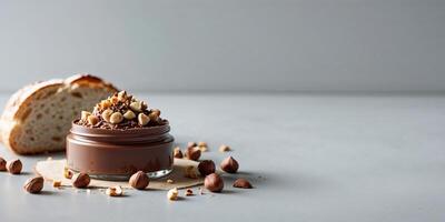 Chocolate hazelnut spread with nuts and toast on grey background. photo