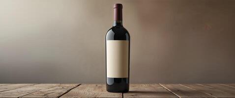 Red wine bottle on wooden table with blank label for customization photo