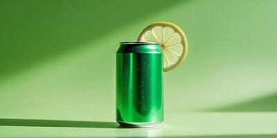 Green can with lemon slice on lime background. photo