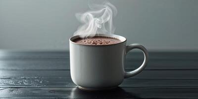 mug with tasty hot chocolate on a dark table with copy space image. photo