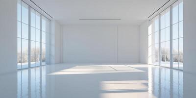 Bright all white room with large windows and sunlight shining on the glossy floor surface inside the room. photo
