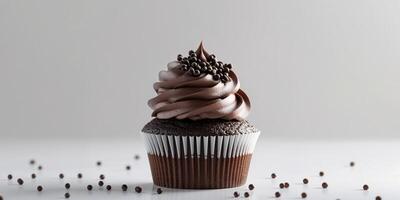 A chocolate cupcake with a swirl of frosting photo