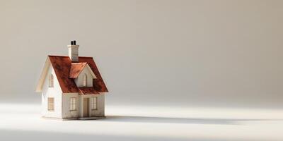 A small house with a red roof sitting on a white surface photo