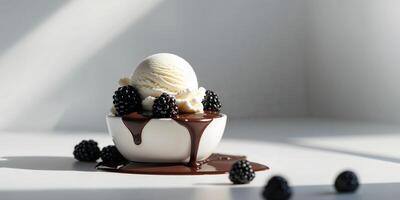 A scoop of ice cream with blackberries and chocolate photo