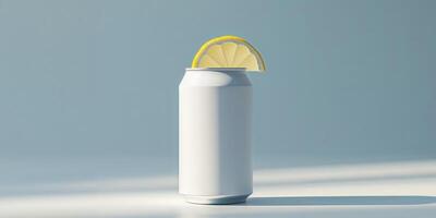 Blank White Soda Can with Lemon Slice on Light Blue Background. photo