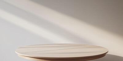 Round wood table top with abstract shadow drop on white wall background for mockup product display photo