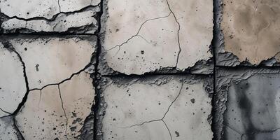 Worn concrete tiles with deep cracks and faded blackened surfaces. photo