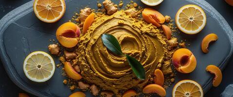 Fresh Ginger Turmeric Paste with Citrus and Apricot on Dark Stone Background. photo