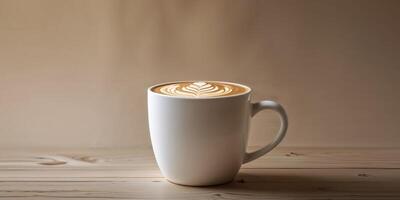 Close up of latte art in white mug on wooden table with blurred brown background in studio setting. photo