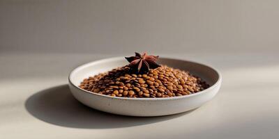 A bowl of brown seeds on a table photo