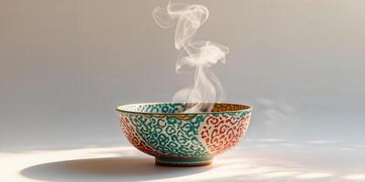 A bowl of tea with steam coming out of it photo