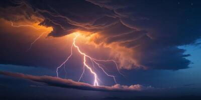 Lightning strikes through the clouds at night photo