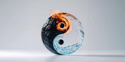 Yin yang symbol with fire and water on white background photo