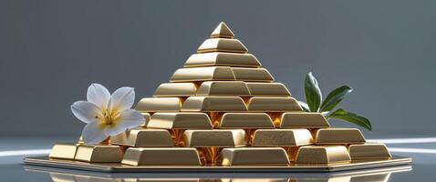 Gold bars stacked in pyramid shape with white flower photo