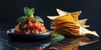 Tomato salsa with tortilla chips on black background photo