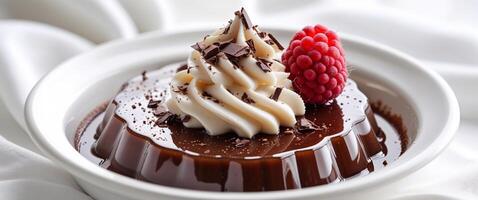 Chocolate pudding with whipped cream and raspberries photo